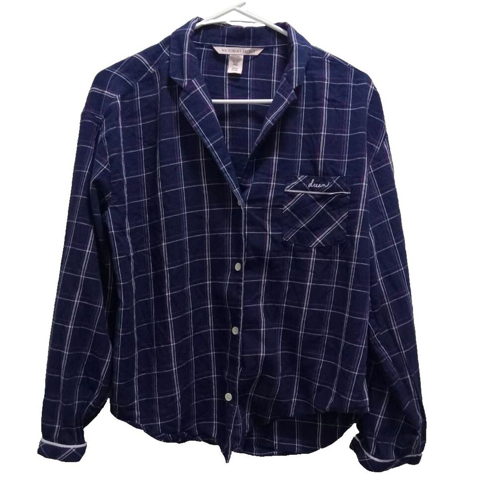 Victoria's Secret Pajama Shirt Women S Blue Plaid Pocket Collared Long Sleeve